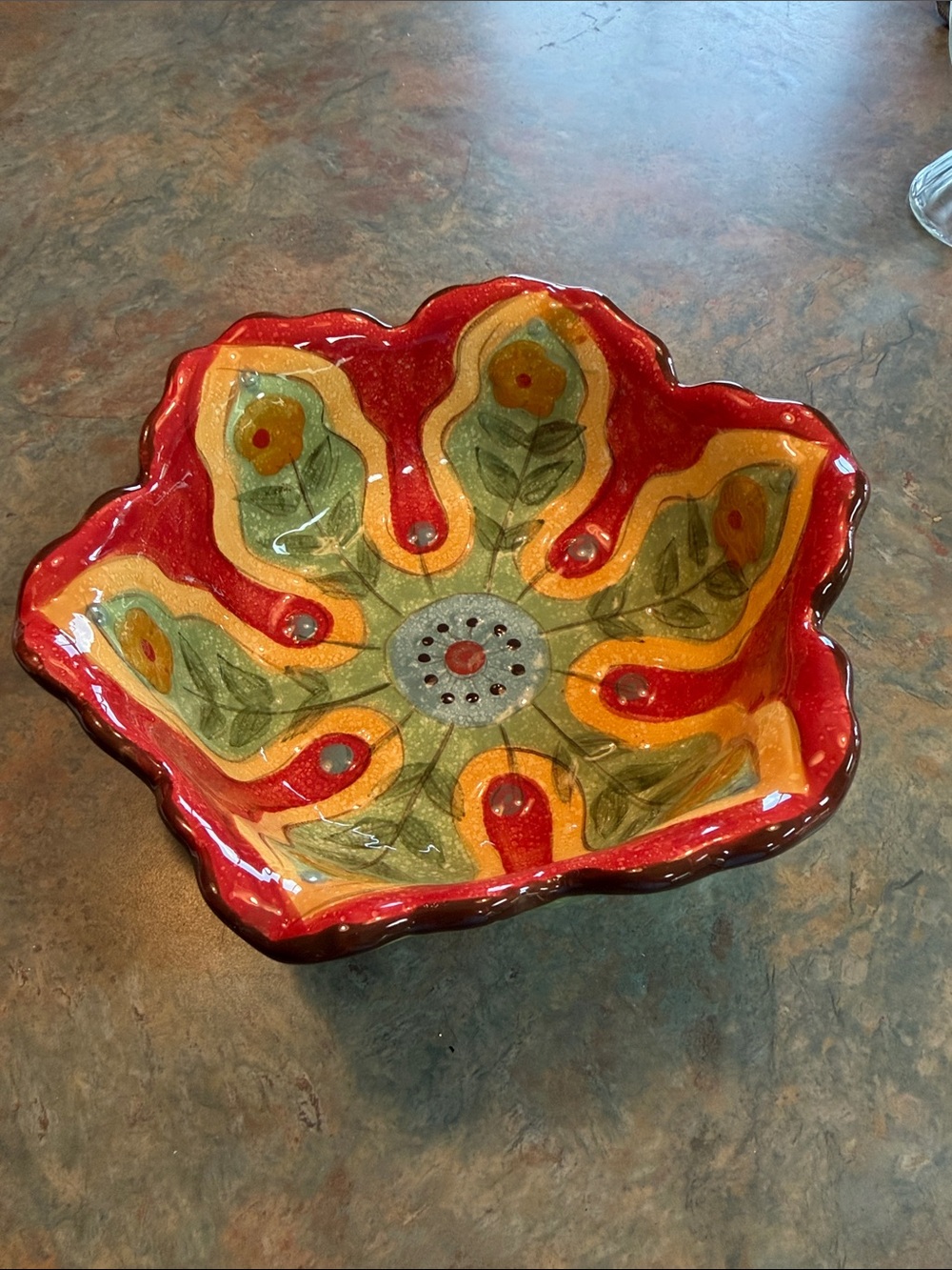 Pier 1 Imports Carynthum 10” floral serving bowl. Green, red, blue.
